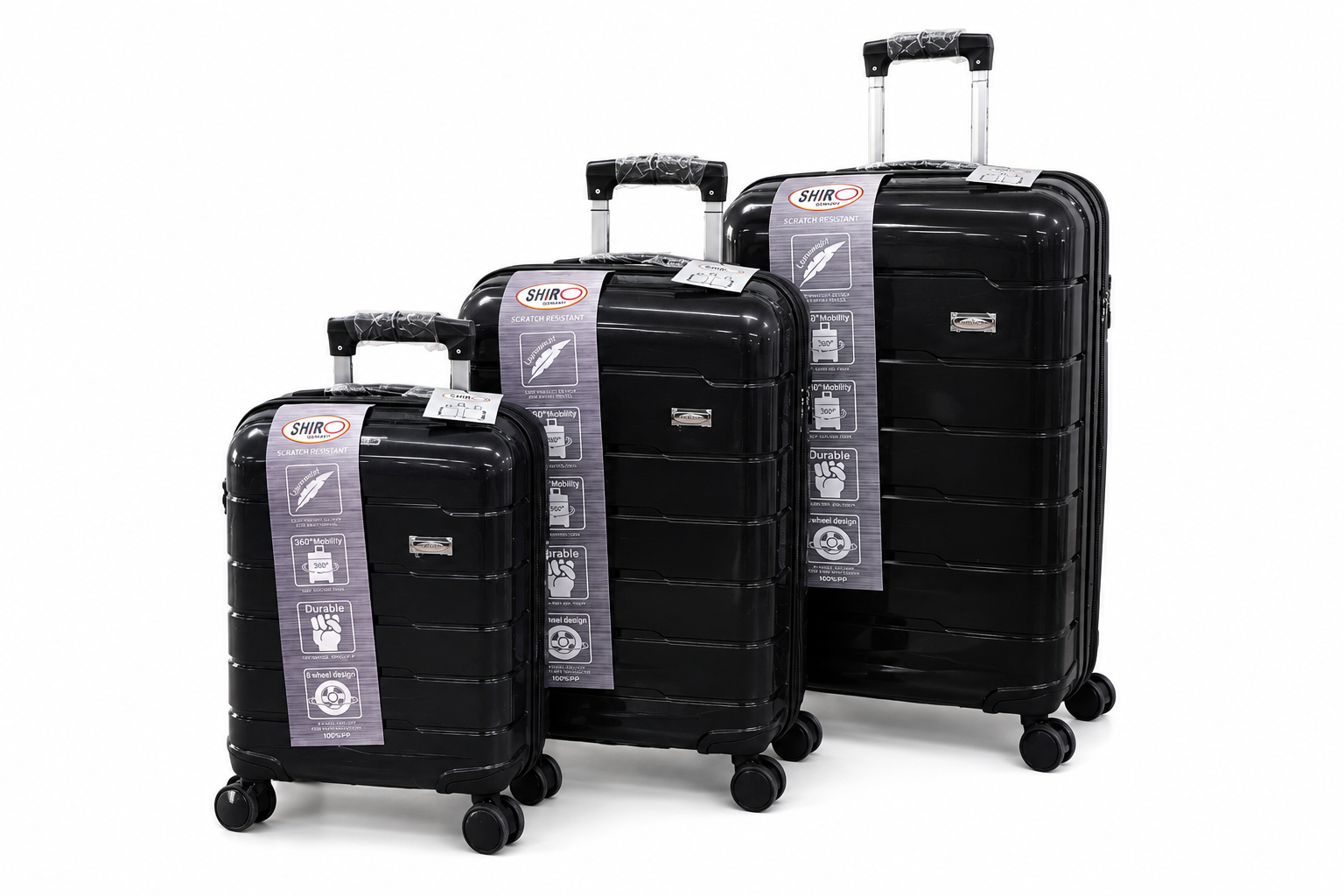 Juego de 3 Maletas Rígidas SHIRO Germany con 4 Ruedas Giratorias – Color Negro