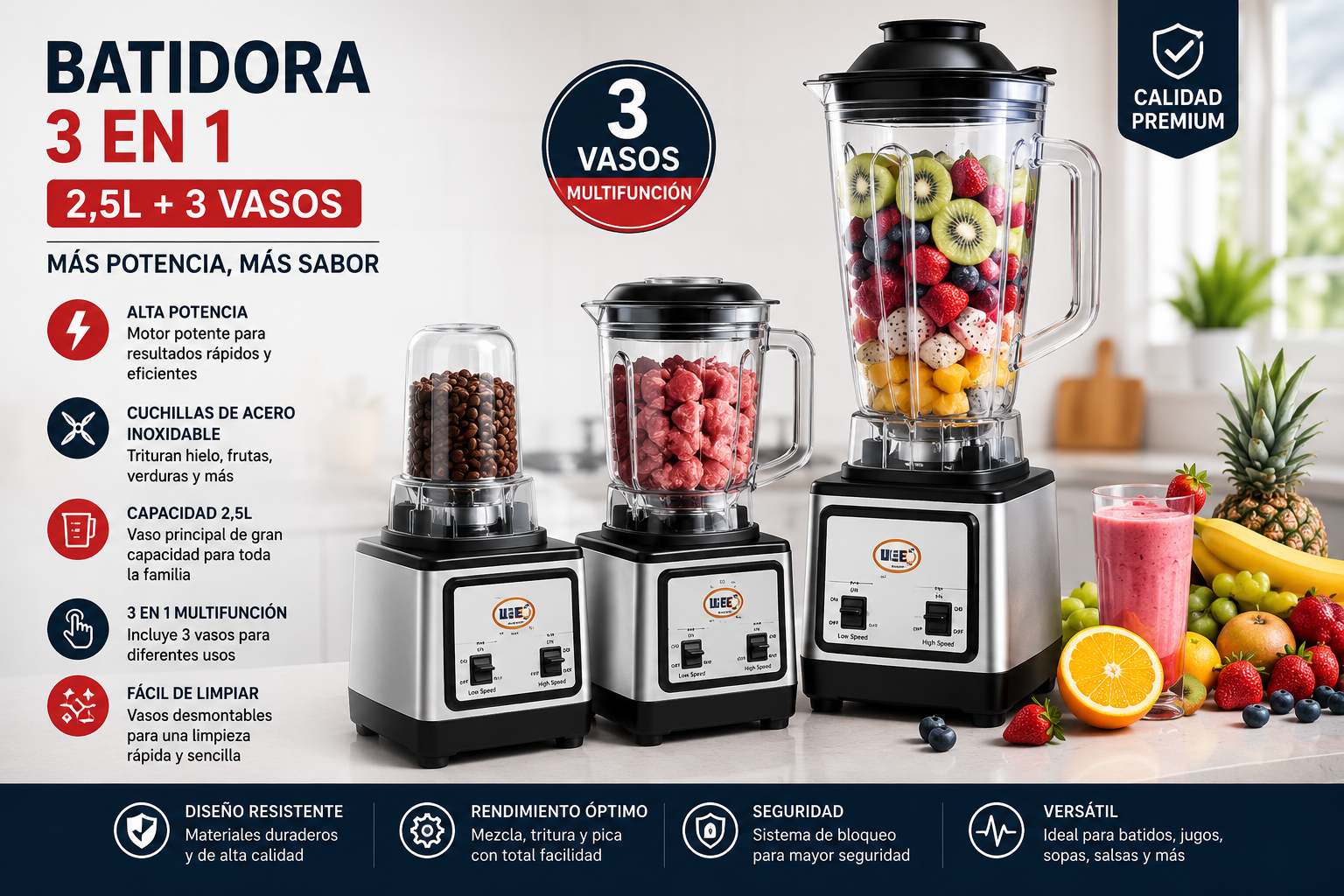 Batidora de Vaso 2,5L 3 en 1 con 3 Vasos Multifunción – Licuadora Eléctrica de Alta Potencia