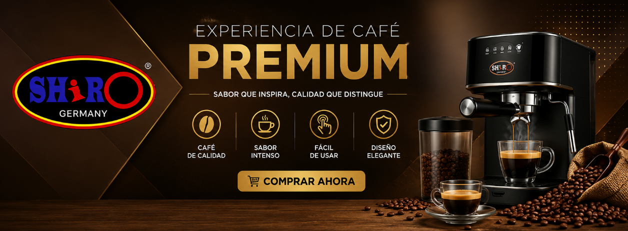 SHIRO Germany premium espresso coffee machine promotional banner with Spanish offer, modern coffee maker, coffee beans, luxury black and gold design, special discounts and fast shipping from Spain.
